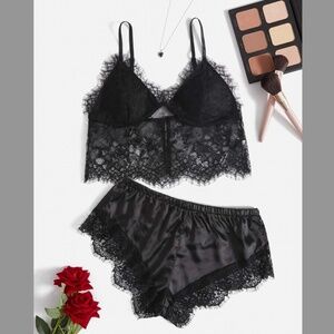 Eyelash Floral Lace Lingerie Set Black S